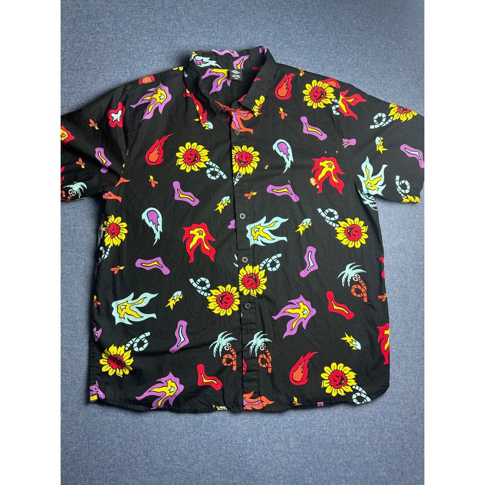 Neff Mens Large Black Graphic Button Up Shirt Sunflowers Flames Palm Trees 0043